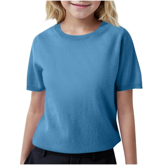 FamilyThread Girls Short Sleeve Knit Sweaters Crewneck Pullover Sweater Kids Cute Fall Blouse Tops For 6-15Y