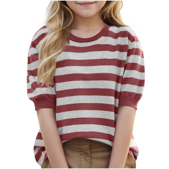 FamilyThread Girls Short Sleeve T Shirts Kids Summer Crewneck Color Striped Tops Fashion Tees For 6-15Y