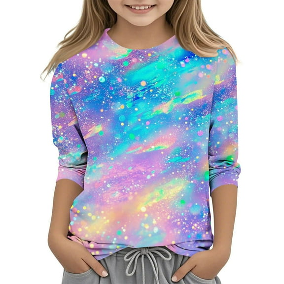 FamilyThread Girls Slim Tops Casual Basic Loose Soft Starry Sky Pattern Pullover Long Blouse T-Shirt Tee For 3-12Y
