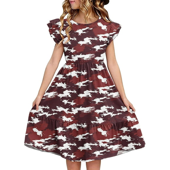 FamilyThread Girls Summer Camouflage Double Layer Dresses with Ruffle Short Sleeve Casual A-Line Swing Twirly School Sundress For 5-14Y