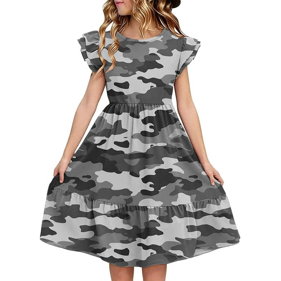 FamilyThread Girls Summer Camouflage Dresses with Ruffle Short Sleeve Casual A-Line Swing Twirly School Sundress For 5-14Y