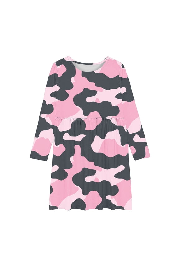 Girls Summer Camouflage Printed Dress Long Sleeve Dress for Girls Swing Twirly Skater Dresses Casual A Line Dresses For 4-12Y