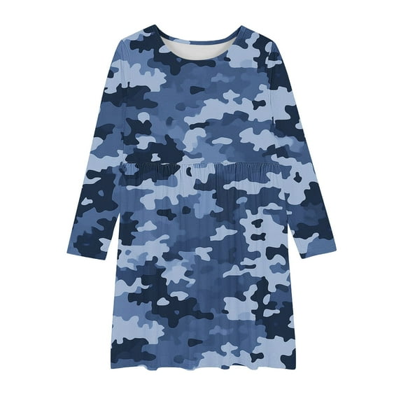 FamilyThread Girls Summer Camouflage Printed Dress Long Sleeve Dress for Girls Swing Twirly Skater Dresses Casual A Line Dresses For 4-12Y