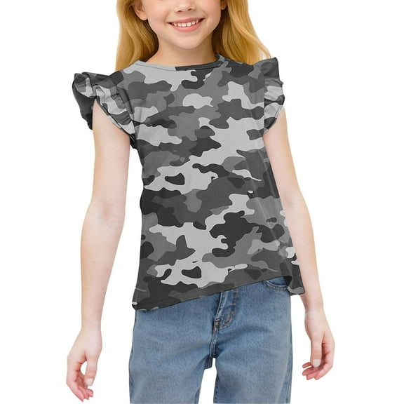 FamilyThread Girls' Summer Camouflage Round Neck Short Sleeve Kids Cute Ruffle Sleeve Crew Neck Casual Tees