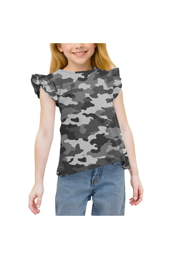 Girls' Summer Camouflage Round Neck Short Sleeve Kids Cute Ruffle Sleeve Crew Neck Casual Tees