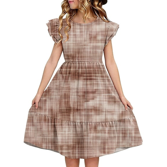 FamilyThread Girls Summer Fashion Double Layer Dresses with Ruffle Short Sleeve Casual A-Line Swing Twirly School Sundress For 5-14Y