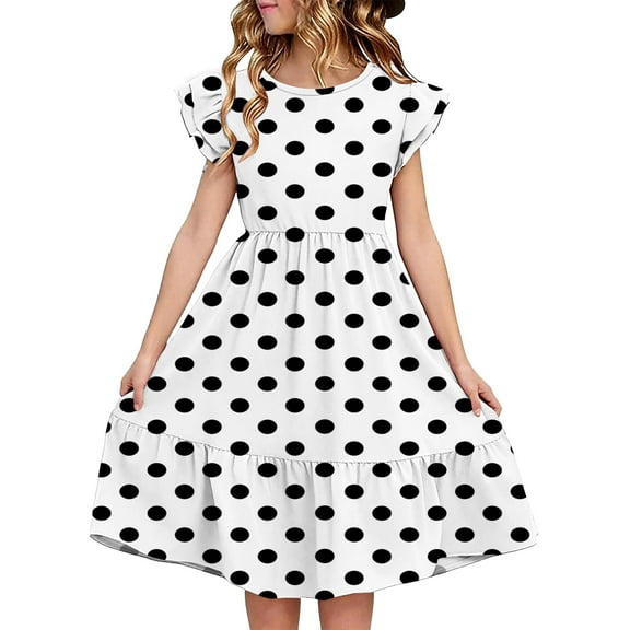FamilyThread Girls Summer Polka Dot Dresses with Ruffle Short Sleeve Casual A-Line Swing Twirly School Sundress For 5-14Y