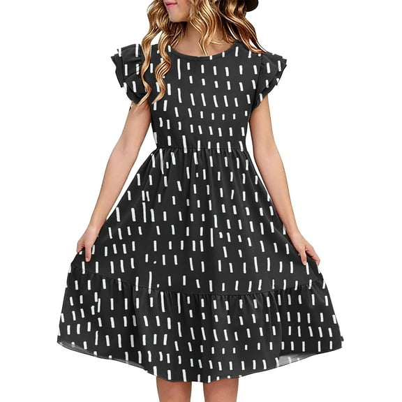 FamilyThread Girls Summer Print Double Layer Dresses with Ruffle Short Sleeve Casual A-Line Colorful Swing Twirly School Sundress For 5-14Y