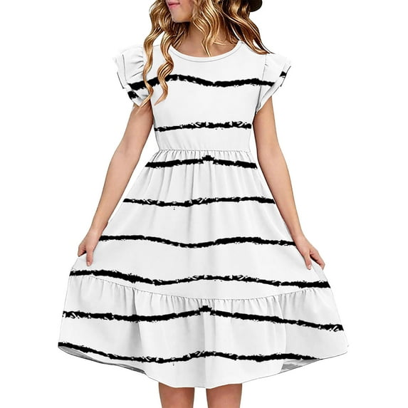 FamilyThread Girls Summer Stripe Dresses with Ruffle Short Sleeve Casual A-Line Swing Twirly School Sundress For 5-14Y