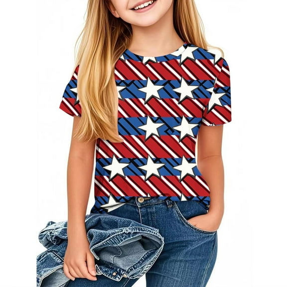 FamilyThread Kids America Flag 4th of July Shirt Toddler Kids Boys Girls Patriotic USA Shirt, Red White and Blue Tee Top