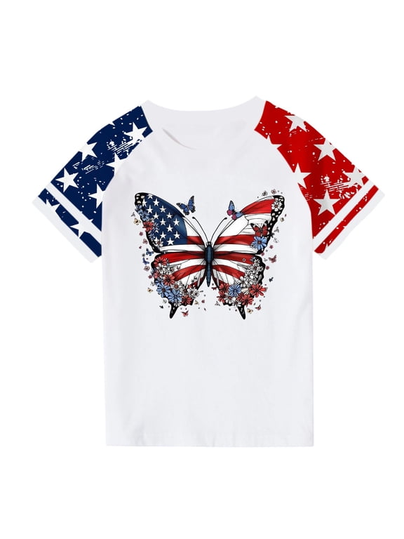 Kids America Flag 4th of July Shirt Toddler Kids Boys Girls Patriotic USA Shirt, Red White and Blue Tee Top
