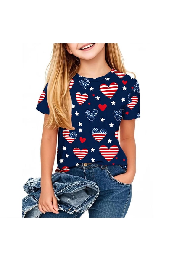 Kids American USA Flag Patriotic T Shirts 4th of July Summer T-Shirt for Boys Girls Short Sleeve American Flag Holiday Patriotic Tops
