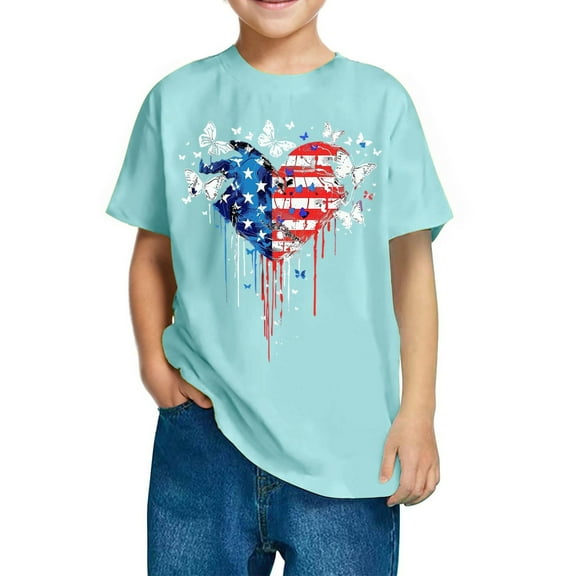 FamilyThread Kids Striped Shirts Short Sleeve Boy Girls July 4th Patriotic Tee Top Pattern Short Sleeve Round Neck Top T-shirt For Kids