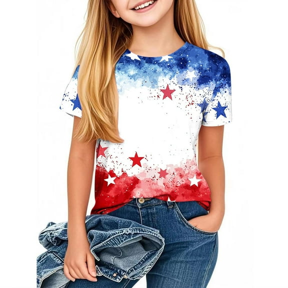 FamilyThread Kids Striped Shirts Short Sleeve Boy Girls July 4th Patriotic Tee Top Pattern Short Sleeve Round Neck Top T-shirt For Kids