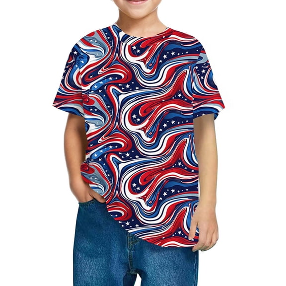 FamilyThread Kids Striped Shirts Short Sleeve Boy Girls July 4th Patriotic Tee Top Pattern Short Sleeve Round Neck Top T-shirt For Kids