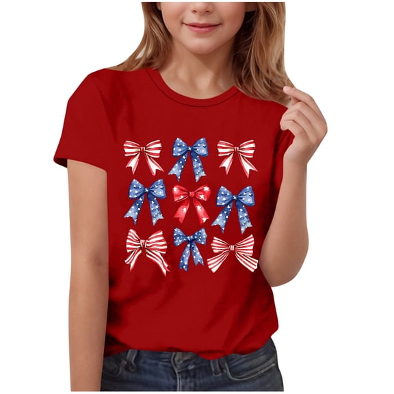FamilyThread Kids Striped Shirts Short Sleeve Boy Girls July 4th Patriotic Tee Top Pattern Short Sleeve Round Neck Top T-shirt For Kids