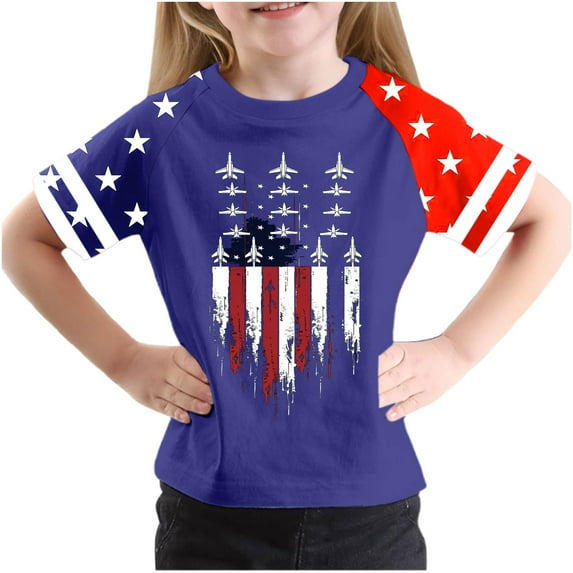 FamilyThread Kids Striped Shirts Short Sleeve Boy Girls July 4th Patriotic Tee Top Pattern Short Sleeve Round Neck Top T-shirt For Kids
