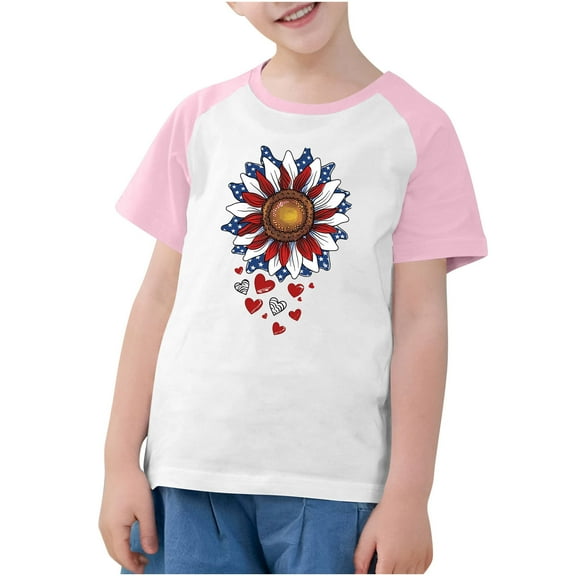 FamilyThread Kids Striped Shirts Short Sleeve Boy Girls July 4th Patriotic Tee Top Pattern Short Sleeve Round Neck Top T-shirt For Kids