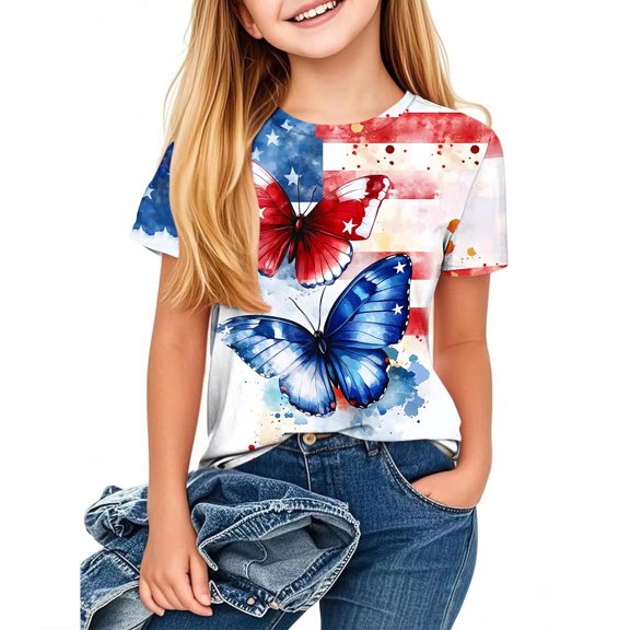 FamilyThread Kids Striped Shirts Short Sleeve Boy Girls July 4th Patriotic Tee Top Pattern Short Sleeve Round Neck Top T-shirt For Kids