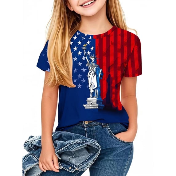 FamilyThread Kids Striped Shirts Short Sleeve Boy Girls July 4th Patriotic Tee Top Pattern Short Sleeve Round Neck Top T-shirt For Kids