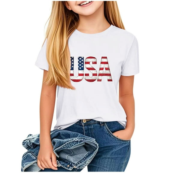 FamilyThread Kids Striped Shirts Short Sleeve Boy Girls July 4th Patriotic Tee Top Pattern Short Sleeve Round Neck Top T-shirt For Kids