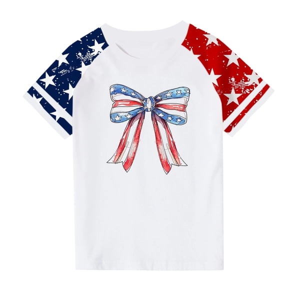 FamilyThread Kids Striped Shirts Short Sleeve Boy Girls July 4th Patriotic Tee Top Pattern Short Sleeve Round Neck Top T-shirt For Kids