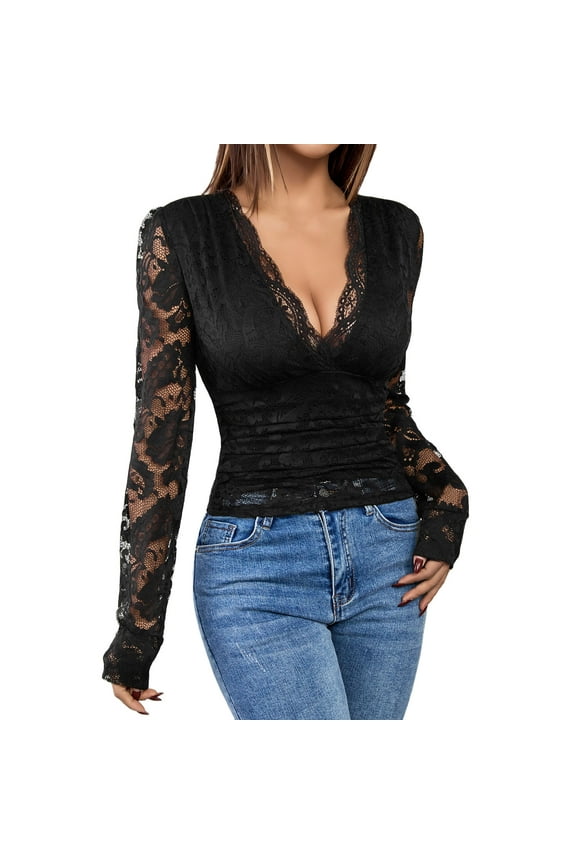 Mesh Tops for Women Sheer Long Sleeve Tops V Neck Lace Blouses Under Shirts Floral Lace Tee Shirt