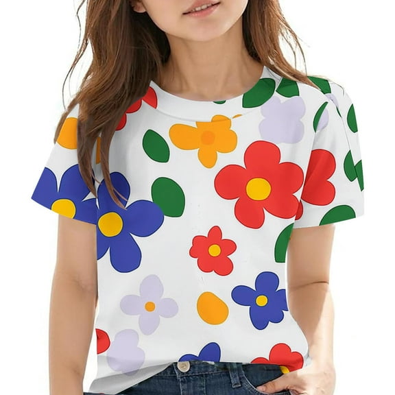 FamilyThread Toddler Girls Boys Fashionable Short Sleeve T-Shirt Flower Graphic Print Tunic Tops Crewneck Casual Summer Shirt For 3-13Y