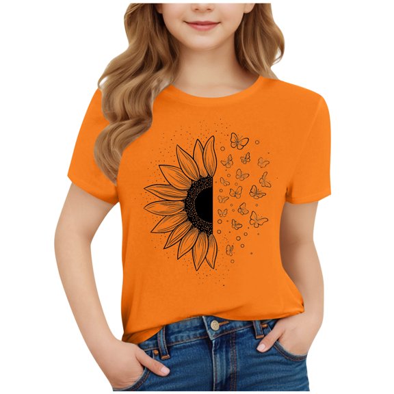 FamilyThread Toddler Girls Boys Versatile Short Sleeve T-Shirt Fashionable Graphic Print Tunic Tops Crewneck Casual Summer Shirt For 3-15Y