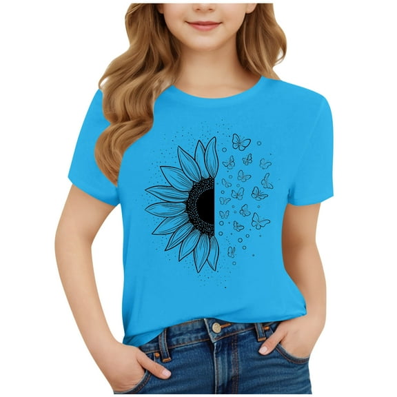 FamilyThread Toddler Girls Boys Versatile Short Sleeve T-Shirt Fashionable Graphic Print Tunic Tops Crewneck Casual Summer Shirt For 3-15Y