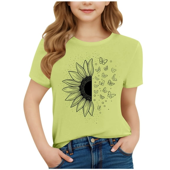 FamilyThread Toddler Girls Boys Versatile Short Sleeve T-Shirt Fashionable Graphic Print Tunic Tops Crewneck Casual Summer Shirt For 3-15Y