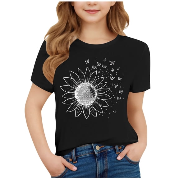 FamilyThread Toddler Girls Boys Versatile Short Sleeve T-Shirt Flower Graphic Print Tunic Tops Crewneck Casual Summer Shirt For 3-15Y