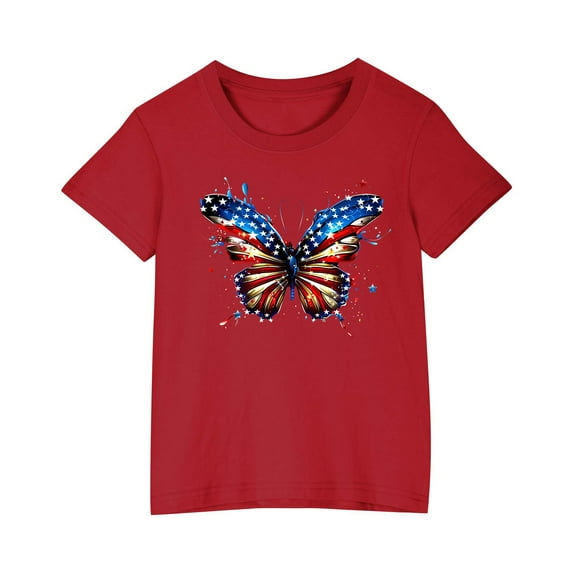 FamilyThread Toddler Kids Boys Girls American Flag Cotton T-shirt Fashion Cute Round Neck Print Tee Short Sleeve For 3-9 Years