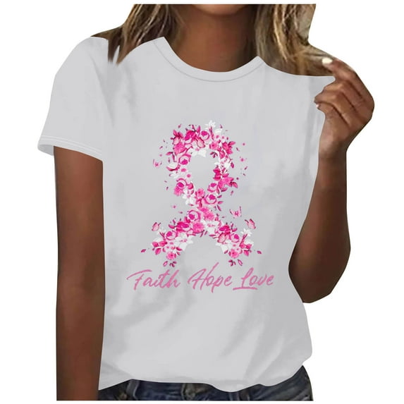FamilyThread Women Breast Cancer Short Sleeve Shirts for Women Summer Floral Print Short Sleeve Cancer Care Tee Top