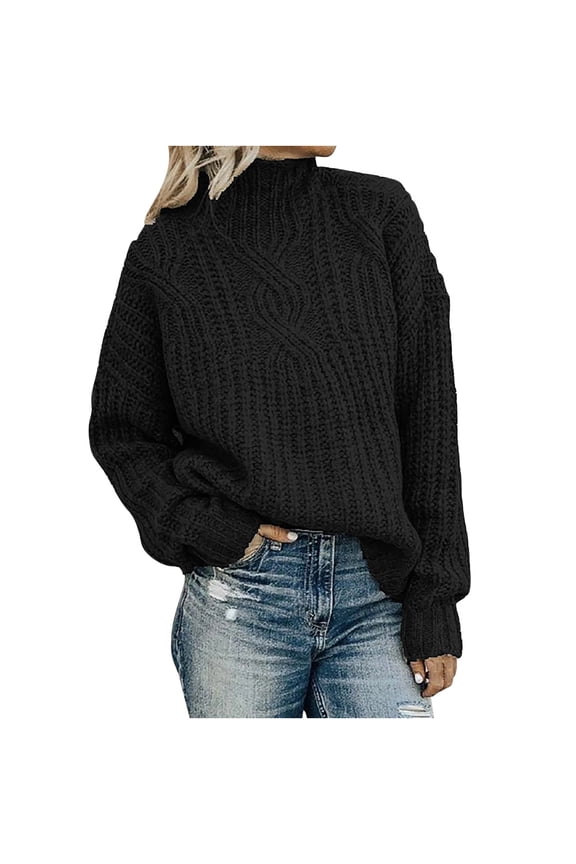Women Casual Turtleneck Long Sleeve Sweater Cable Knit Pullover Solid Slim Sweater Solid Color Tops Warm Pullover Clothes