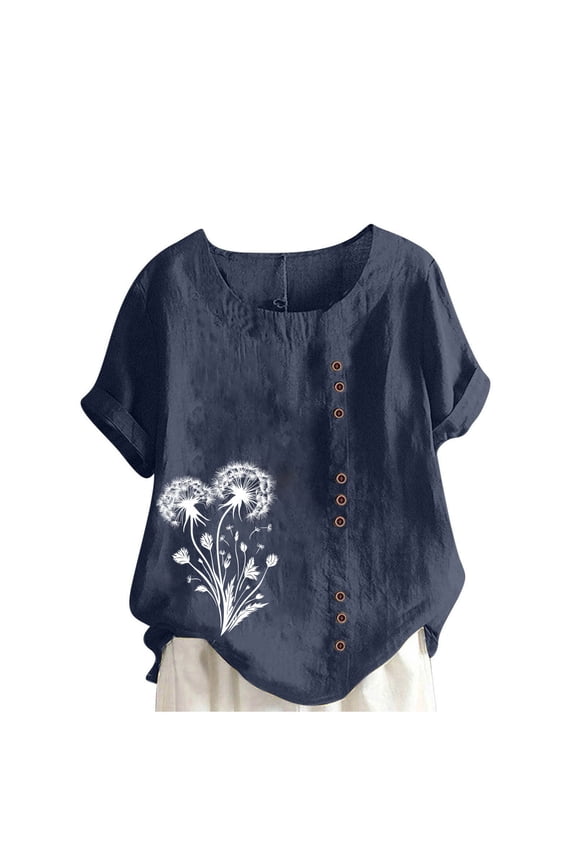 Women Linen Short Sleeve Button Up Crew Neck Fresh Shirt Fashion Plants Graphic Blouse Ladies Summer Casual Tops