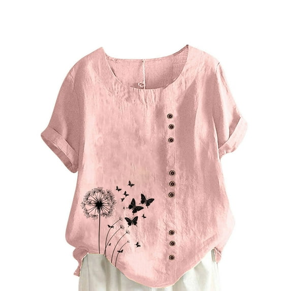 FamilyThread Women Linen Short Sleeve Button Up Crew Neck Shirt Fashion Graphic Blouse Ladies Summer Casual Tops