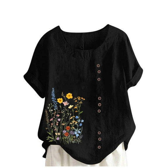 FamilyThread Women Linen Short Sleeve Button Up Crew Neck Shirt Fashion Sunflower Graphic Blouse Ladies Summer Casual Tops