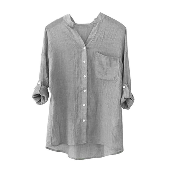 FamilyThread Women Long Sleeve Cotton Linen Shirts V-Neck Casual Solid Color Button Down Shirts Trendy Oversized Spring Tops