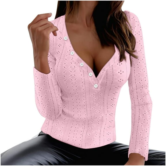 FamilyThread Women Long Sleeve Tops V Neck Low Cut Slim Solid Shirt Ribbed Basic Tee Shirts Casual Summer Tops