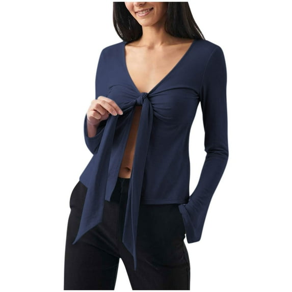 FamilyThread Women's Bow Tie Knot V Neck Long Sleeve Lace Elegant Workwear Blouse Summer Shirt Casual Top