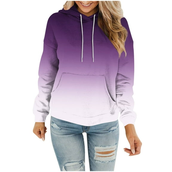 FamilyThread Women's Casual Hoodies Long Sleeve Sweatshirts Gradient Color Cowl Neck Drawstring Hooded Pullover Top with Pockets