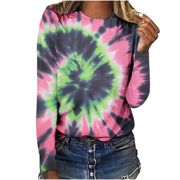 FamilyThread Women's Casual Long Sleeve Crew Neck Tie Dye Sweatshirt Oversized Soft Fashion Pullover Tops