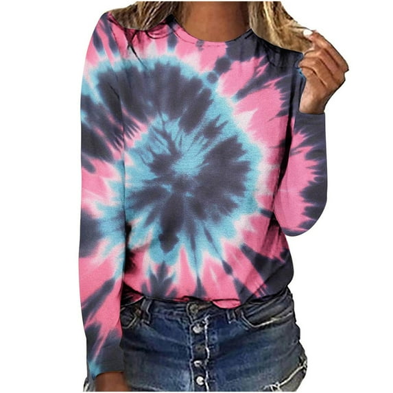 FamilyThread Women's Casual Long Sleeve Crew Neck Tie Dye Sweatshirt Oversized Soft Fashion Pullover Tops