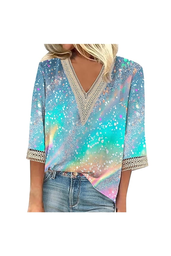 Women's Casual Long Sleeve Lace Trim V Neck Tops Fashion Summer Loose Colorful Printed Graphic Shirts Blouse