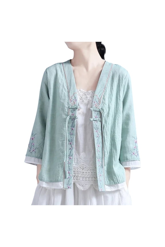 Women's Cotton Linen Retro Button Long Sleeve Shirts Summer Loose V Neck Casual Top Vintage Embroidered Blouse Tops