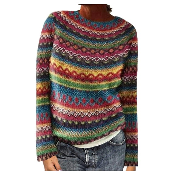 FamilyThread Women's Crewneck Long Sleeve Knit Sweater Vintage Stripe Graphic Colorful Print Oversized Pullover Top Knitwear Comfy Clothes