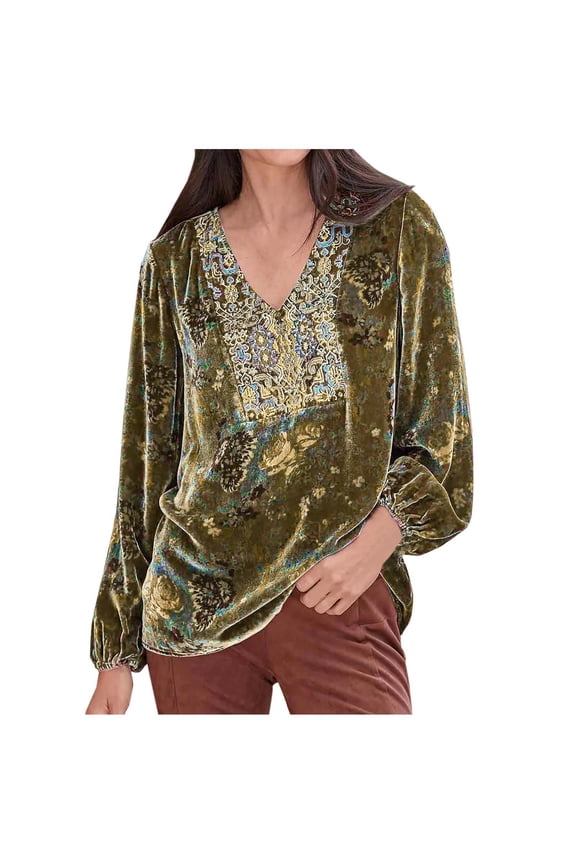 Women's Fall Velvet Tops Casual Long Sleeve Vintage Print Blouse Loose V Neck Boho Floral Velour Pullover Top