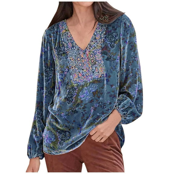 FamilyThread Women's Fall Velvet Tops Casual Long Sleeve Vintage Print Blouse Loose V Neck Boho Floral Velour Pullover Top