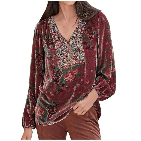 FamilyThread Women's Fall Velvet Tops Casual Long Sleeve Vintage Print Blouse Loose V Neck Boho Floral Velour Pullover Top